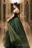 Green Tulle Long Prom Dress, Off The Shoulder A-Line Prom Dresses
