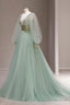 Green Tulle Long Prom Dress with Sequins, Green Long Sleeve Prom Dresses