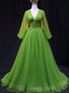 Green Tulle Long Sleeve V-neck Pleats Prom Dress