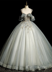 Green Tulle Off Shoulder Ball Gown Beaded Sweet 16 Dresses, Green Tulle Formal Dresses