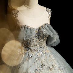 Green Tulle Off Shoulder Ball Gown Beaded Sweet 16 Dresses, Green Tulle Formal Dresses