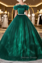Green tulle off shoulder long prom Dresses green tulle formal gown