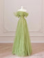 Green Tulle Off Shoulder Long Prom Dress, Green Tulle Prom Dresses