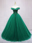 Green Tulle Off Shoulder Tulle Beads Long Prom Dress, Green Prom Graduation Dresses