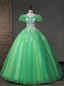 Green Tulle Puff Sleeve Sequins Beading Quinceanera Dress