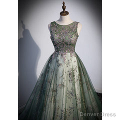 Green Tulle Round Neckline Long Party Dress, Green Lace Prom Dress