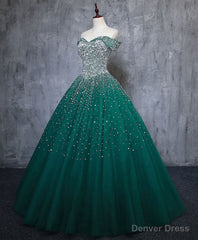 Green Tulle Sequin Long Prom Gown, Green Sequin Sweet 16 Dress