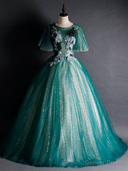 Green Tulle Sequins Appliques Beading Backless Quinceanera Dress