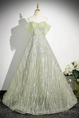 Green Tulle Sequins Long Prom Dress, Beautiful Off The Shoulder Party Dress