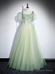 Green Tulle Short Sleeve Pleats Prom Dress