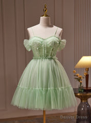 Green Tulle Spaghetti Straps Appliques Beading Homecoming Dress