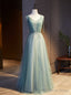 Green Tulle Spaghetti Straps Pleats Beading Prom Dresses