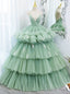 Green Tulle Spaghetti Straps V Neck Quinceanera Dresses