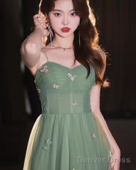 Green Tulle Straps Sweetheart Long Formal Dress, Light Green A-Line Prom Dress