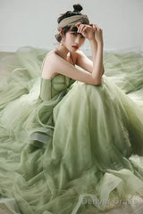 Green Tulle Sweetheart Long Formal Dress, Green Low Back Prom Dress