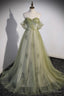 Green Tulle Sweetheart Neckline Long Prom Dress, Green Strapless Prom Dresses