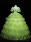 Green Tulle Tiers Puff Sleeve Appliques Quinceanera Dress