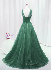 Green Tulle V Neck Beading Appliques Prom Dresses