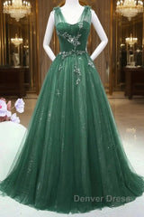 Green Tulle V Neck Beading Appliques Prom Dresses