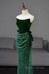 Green Tulle Velvet Long Prom Dresses, Green Long Formal Dresses