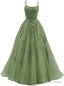 Green Tulle with Lace Applique Prom Gowns, Green Prom Dresses