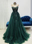 Green Tulle With Lace Applique Sweetheart Long Prom Dresses, Green Prom Gowns