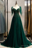Green V Neck Lace Long Prom Dress, A Line Spaghetti Straps Prom Dresses