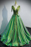 Green V Neck Long A Line Prom Dress, Simple Green Prom Dresses