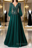 Green V-Neck Tulle Beads Long Prom Dresses, Elegant Long Sleeve Evening Party Dresses