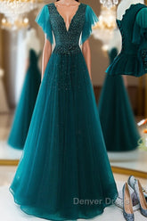 Green v neck tulle beads long prom Dresses, green tulle formal Dresses