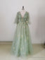 Green V Neck Tulle Lace Long Prom Dress, A Line Tulle Long Bridesmaid Dresses