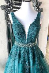 Green v neck tulle lace long prom Dresses, green formal Dresses