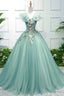 Green V Neck Tulle Long A Line Prom Dresses, A Line Prom Gowns