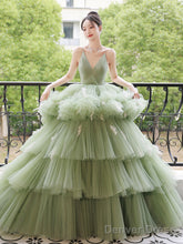 Green V Neck Tulle Long Prom Dress, Green Tulle Formal Evening Dress