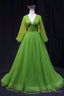 Green V Neck Tulle Long Prom Dress, Long Sleeve Green Prom Dresses