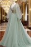 Green V Neck Tulle Sequin Long Prom Dress, Green Prom Dresses