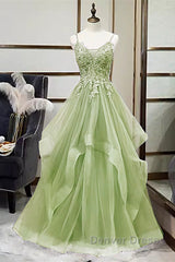 Green V-Neckline Tulle With Lace Applique Prom Dresses, Green Layers Tulle Party Dresses