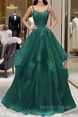 Green V-Neckline Tulle With Lace Applique Prom Dresses, Green Layers Tulle Party Dresses