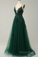 Green V-Neckline Tulle With Lace Cross Back, Green Tulle Prom Dresses