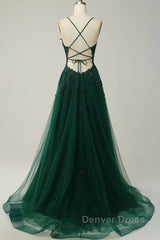 Green V-Neckline Tulle With Lace Cross Back, Green Tulle Prom Dresses