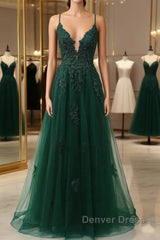 Green V-Neckline Tulle With Lace Cross Back, Green Tulle Prom Dresses