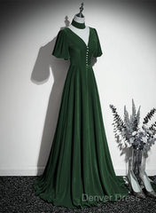 Green Velvet A-Line Short Sleeves Long Party Dresses, Green Long Prom Dresses