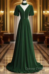 Green Velvet A-Line Short Sleeves Long Party Dresses, Green Long Prom Dresses