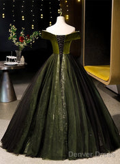 Green Velvet And Tulle Off Shoulder Party Dress, A-Line Green Evening Dress Prom Dress