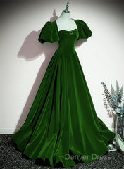 Green Velvet Backless Long Party Dresses, Green Short Sleeves Formal Dresses Prom Dresses