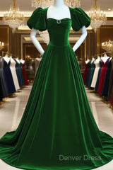 Green Velvet Backless Long Party Dresses, Green Short Sleeves Formal Dresses Prom Dresses