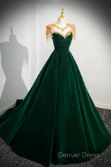 Green Velvet Beaded Long Prom Dresses, A-Line Beautiful Evening Party Dresses