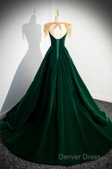 Green Velvet Beaded Long Prom Dresses, A-Line Beautiful Evening Party Dresses