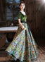 Green Velvet Floral Short Sleeves Long Prom Dress, Green Sweetheart Prom Dresses