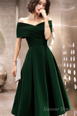 Green Velvet Off Shoulder Vintage Style Bridesmaid Dress, Tea Length Party Dress